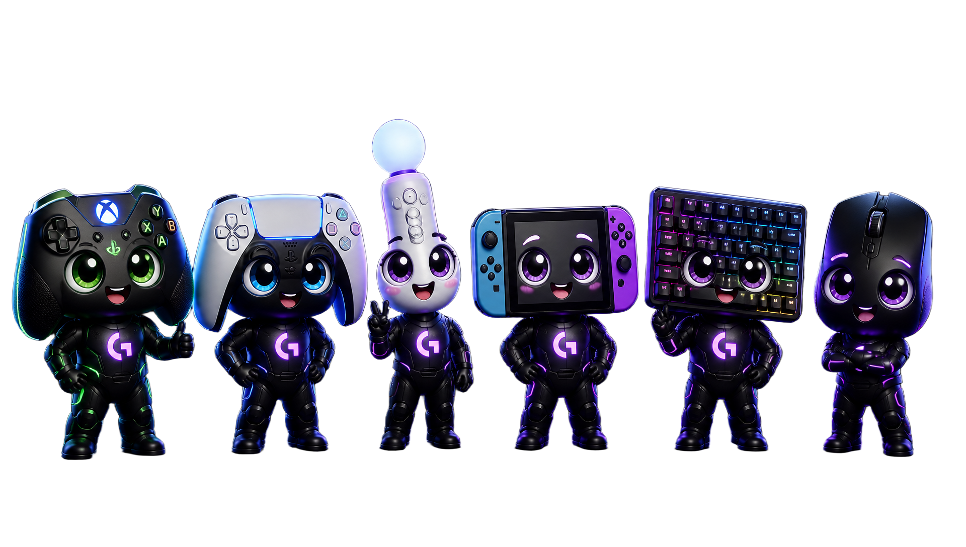 Mascotes da Gamelyst: Volt, Nova, Wilo, Decko, Keys e Click